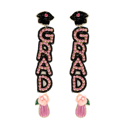 Floral Grad Cap Seed Beaded Rhinestone Earrings : Pink