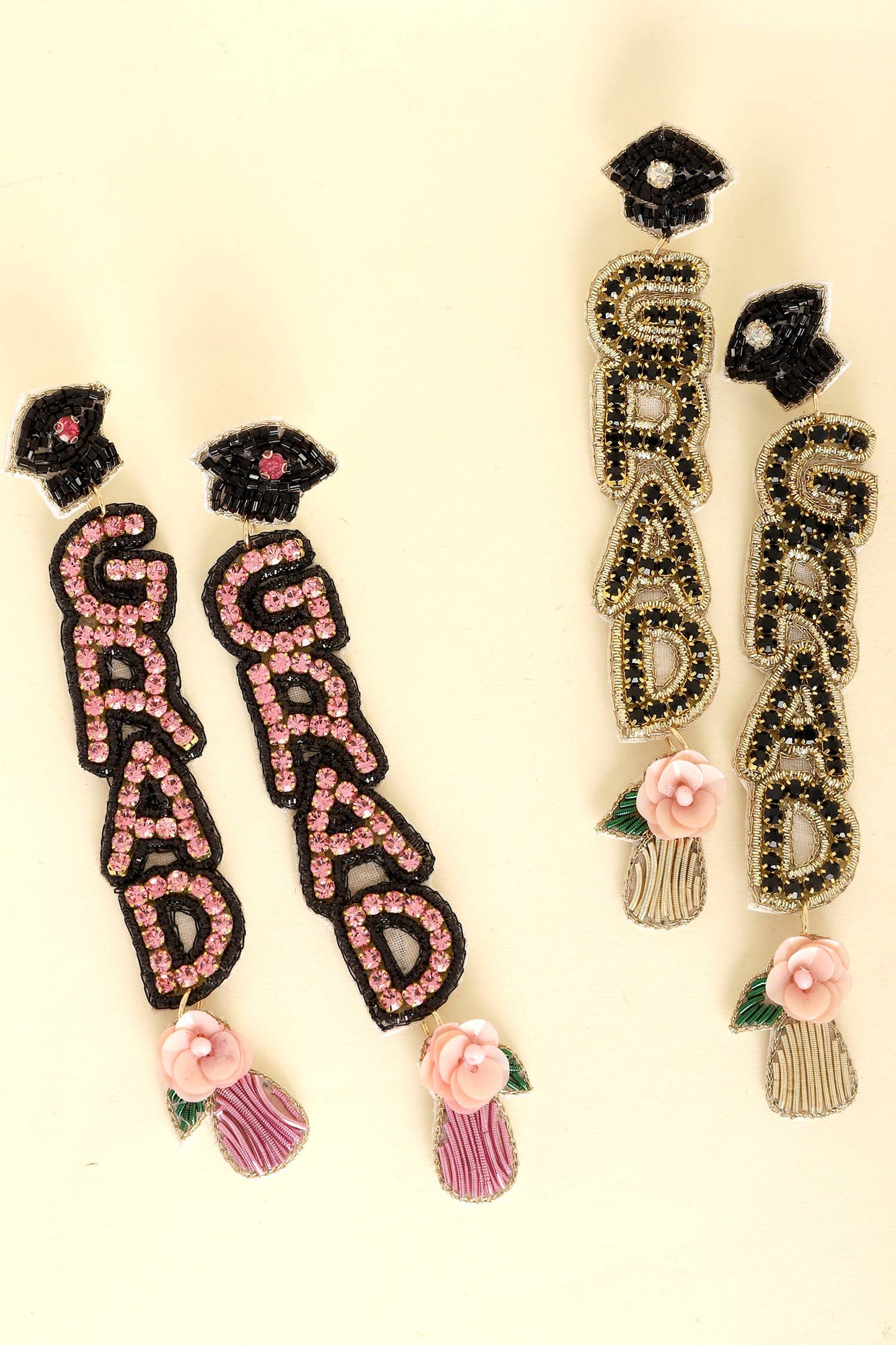 Floral Grad Cap Seed Beaded Rhinestone Earrings : Gold