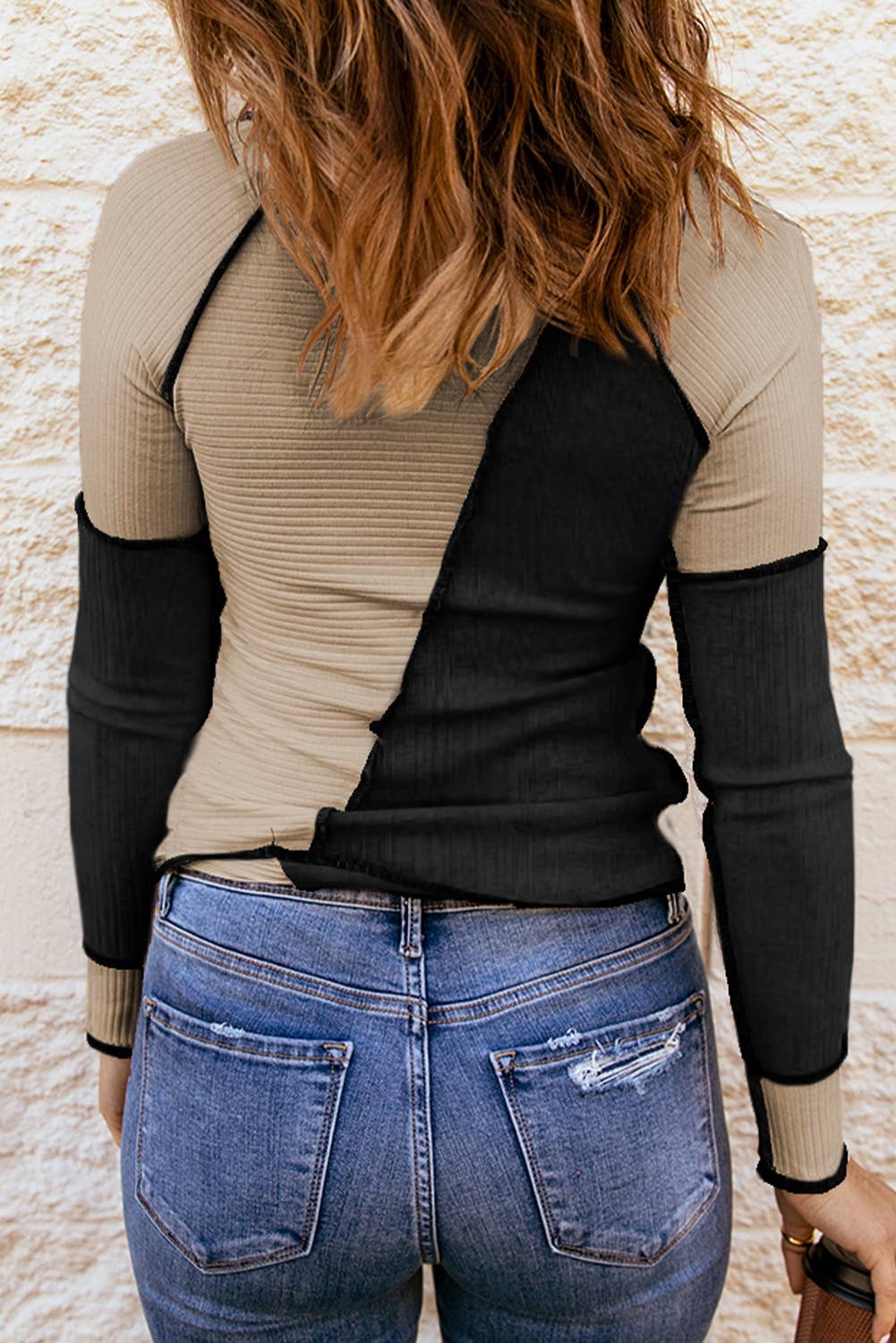 Irregular Color Block Seaming Trim Ribbed Top