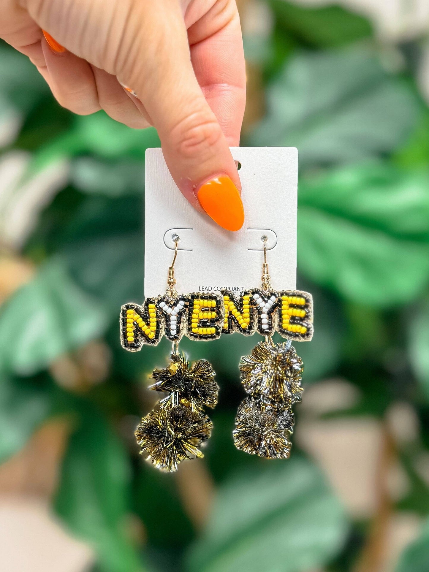 'NYE' Pom Pom Beaded Dangle Earrings