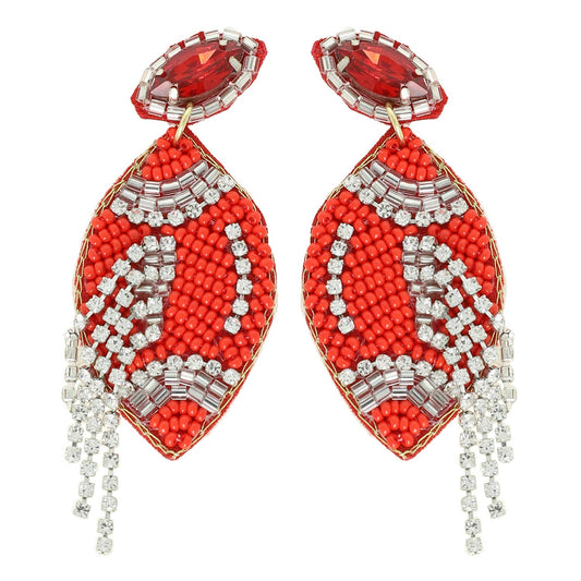 Football Crystal Seed Beaded Post Earrings : Red White