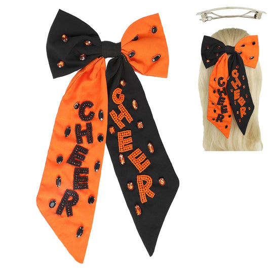 Game Day Cheer Embroidered Bow Barrette Hair Clip: Orange Black