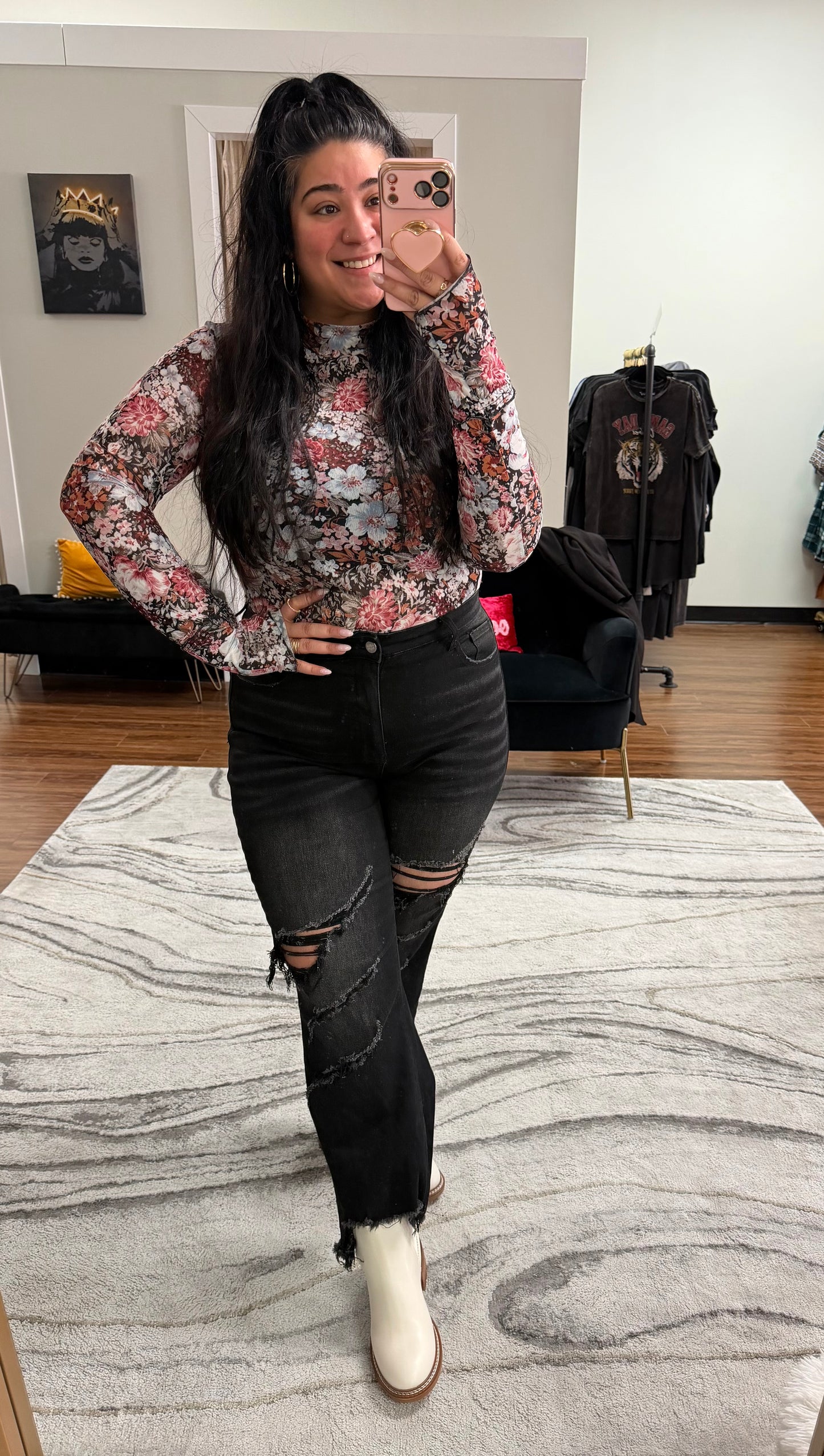Chic Floral Long Sleeve Mesh Blouse