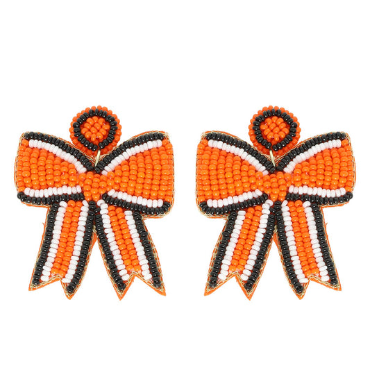 Game Day Striped Bow Ribbon Beaded Earrings: Orange Black