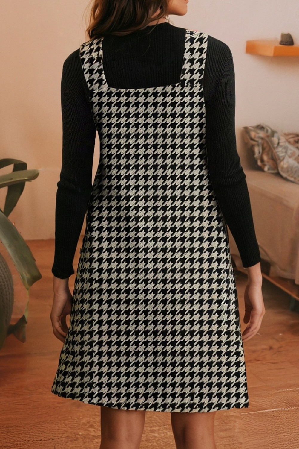 Chic Houndstooth Print Sleeveless Mini Dress