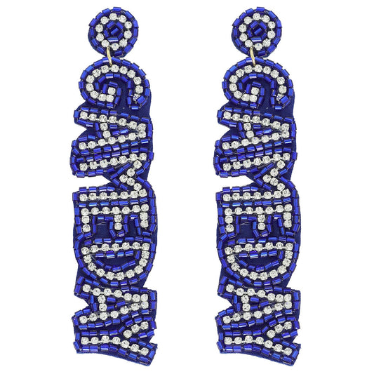 Game Day Letter Beaded Rhinestone Post Earrings : Blue White