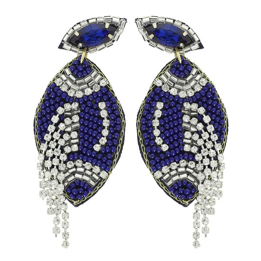 Football Crystal Seed Beaded Post Earrings : Blue White