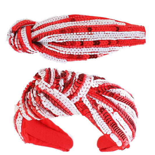 Fully Embellished Sequin Knotted Headband: Red White