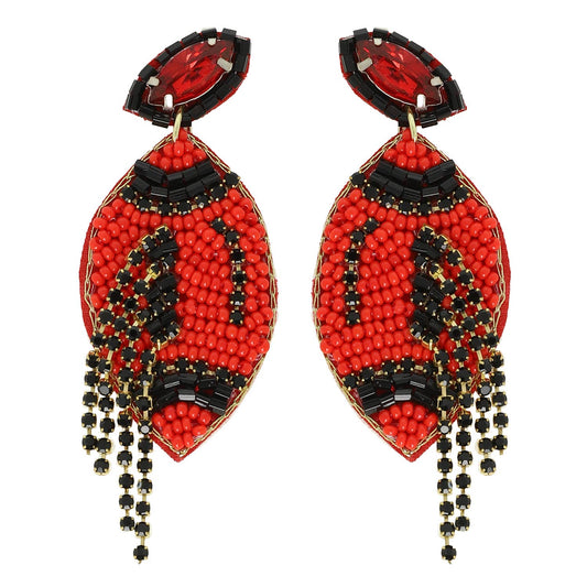 Football Crystal Seed Beaded Post Earrings : Red Black