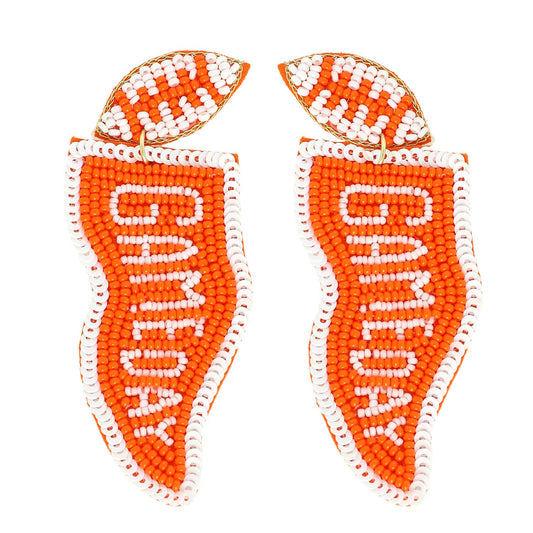 Game Day Letter Beaded Sequins Flag Post Earrings : Orange White