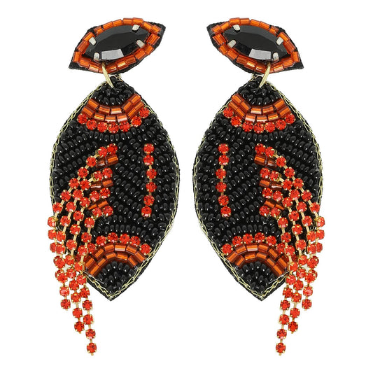 Football Crystal Seed Beaded Post Earrings : Orange Black