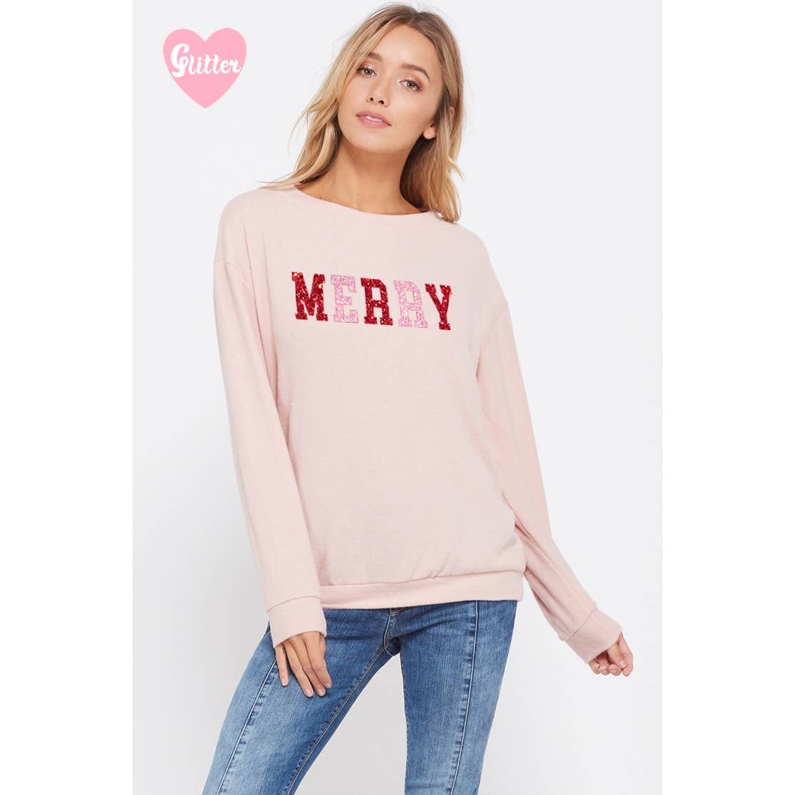 Merry glitter print long sleeve soft long sleeve