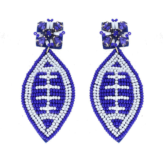 2 Tier Jeweled & Beaded Two Tone Football Dangle Earrings: Navy White