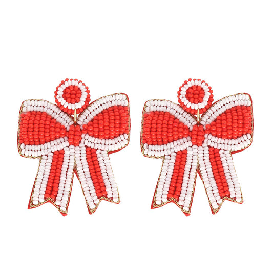 Game Day Striped Bow Ribbon Beaded Earrings: Red White