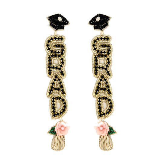 Floral Grad Cap Seed Beaded Rhinestone Earrings : Gold