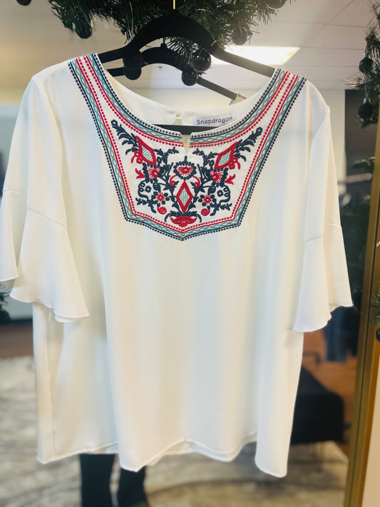 Retro Embroidered print white ruffle Top